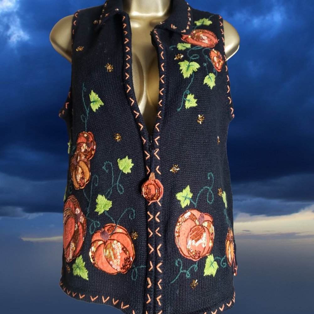 Vintage 90's White Stag Halloween Vest - Knit, Embroidered & Beaded - Pumpkins.